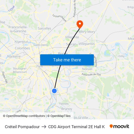 Créteil Pompadour to CDG Airport Terminal 2E Hall K map