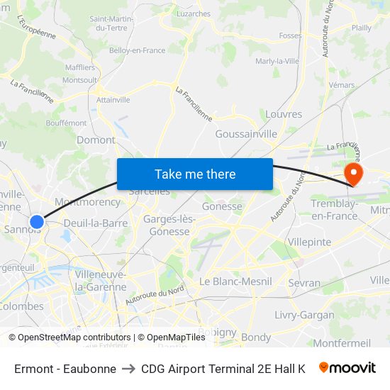 Ermont - Eaubonne to CDG Airport Terminal 2E Hall K map