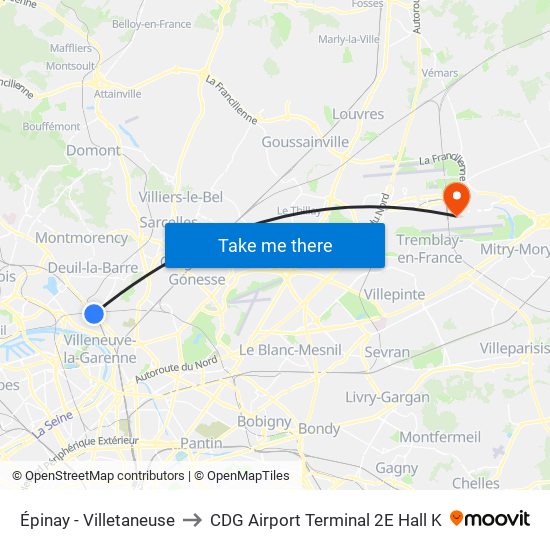 Épinay - Villetaneuse to CDG Airport Terminal 2E Hall K map