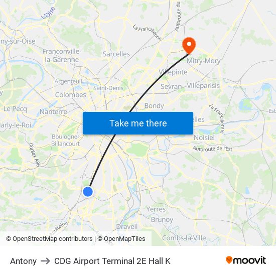Antony to CDG Airport Terminal 2E Hall K map
