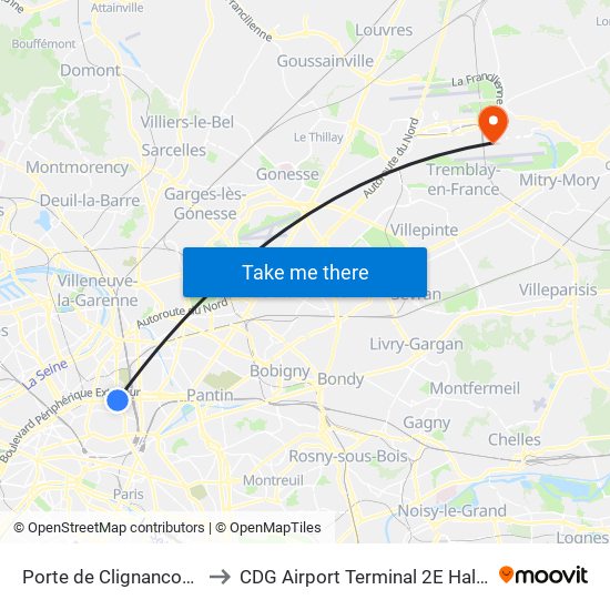 Porte de Clignancourt to CDG Airport Terminal 2E Hall K map
