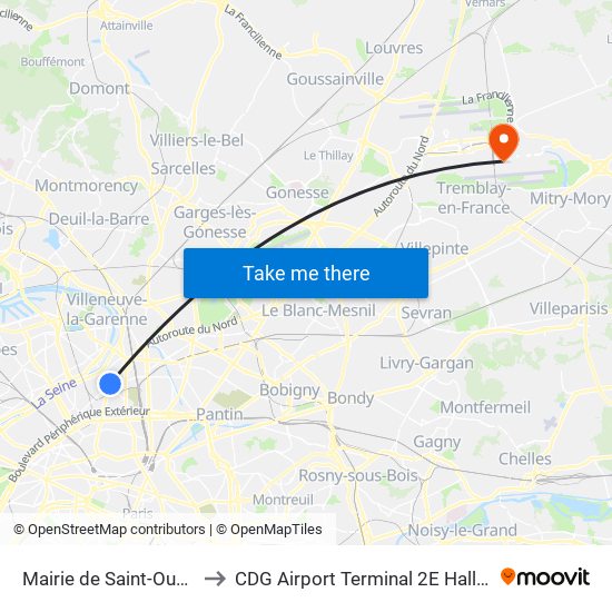 Mairie de Saint-Ouen to CDG Airport Terminal 2E Hall K map