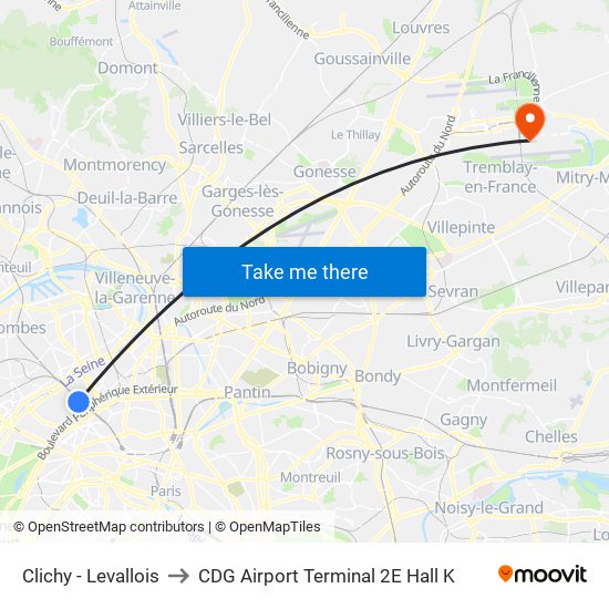 Clichy - Levallois to CDG Airport Terminal 2E Hall K map