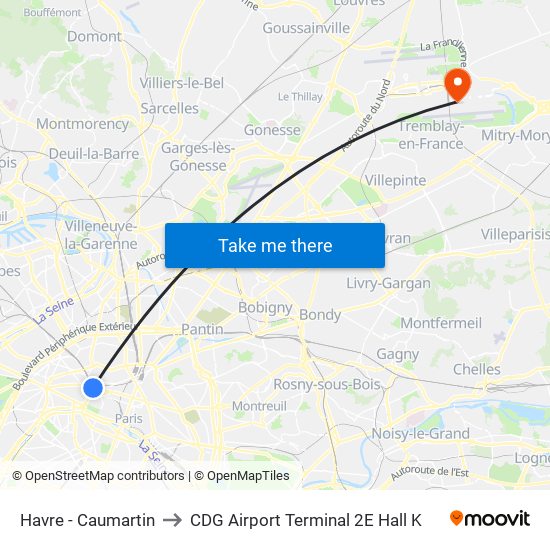 Havre - Caumartin to CDG Airport Terminal 2E Hall K map