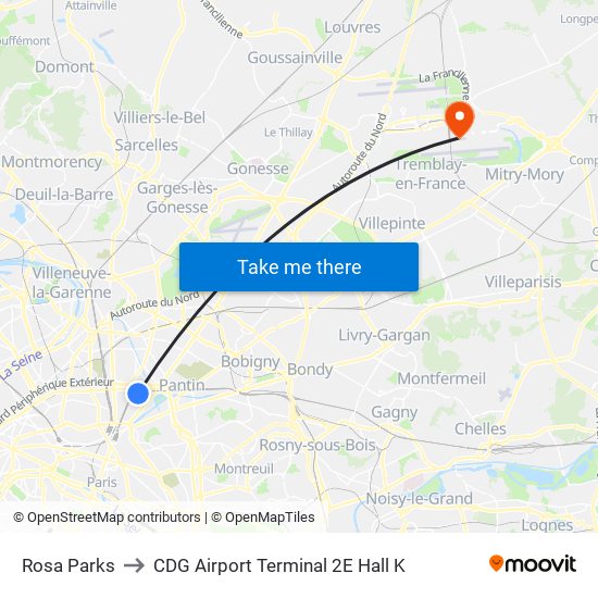 Rosa Parks to CDG Airport Terminal 2E Hall K map