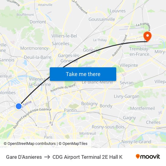 Gare D'Asnieres to CDG Airport Terminal 2E Hall K map