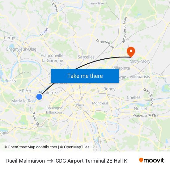 Rueil-Malmaison to CDG Airport Terminal 2E Hall K map
