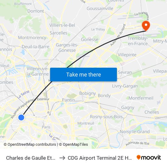 Charles de Gaulle Etoile to CDG Airport Terminal 2E Hall K map