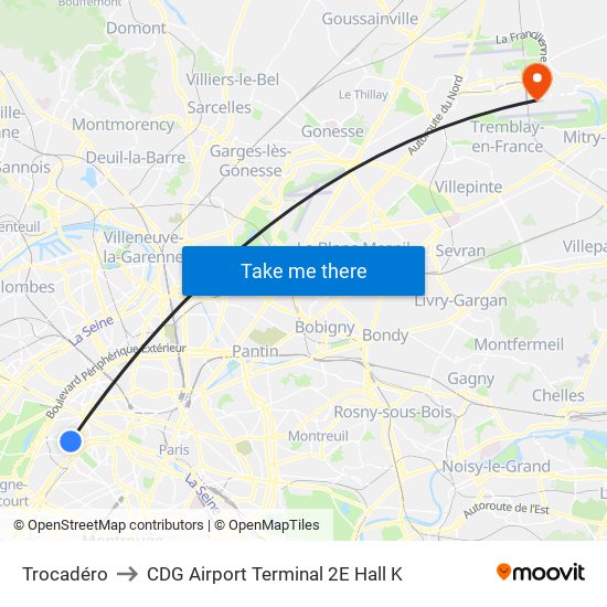 Trocadéro to CDG Airport Terminal 2E Hall K map