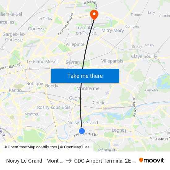 Noisy-Le-Grand - Mont D'Est to CDG Airport Terminal 2E Hall K map