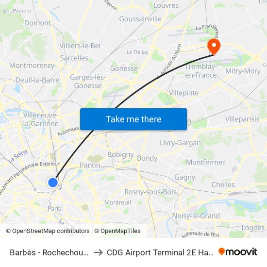 Barbès - Rochechouart to CDG Airport Terminal 2E Hall K map