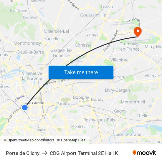 Porte de Clichy to CDG Airport Terminal 2E Hall K map