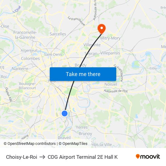 Choisy-Le-Roi to CDG Airport Terminal 2E Hall K map