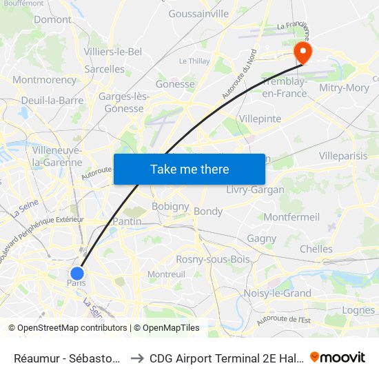 Réaumur - Sébastopol to CDG Airport Terminal 2E Hall K map