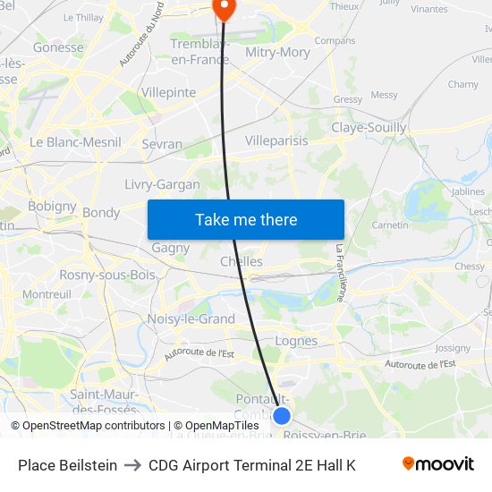 Place Beilstein to CDG Airport Terminal 2E Hall K map