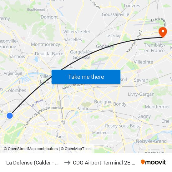 La Défense (Calder - Miro) to CDG Airport Terminal 2E Hall K map