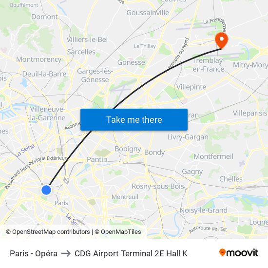 Paris - Opéra to CDG Airport Terminal 2E Hall K map