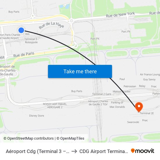 Aéroport Cdg (Terminal 3 – Roissypôle) to CDG Airport Terminal 2E Hall K map