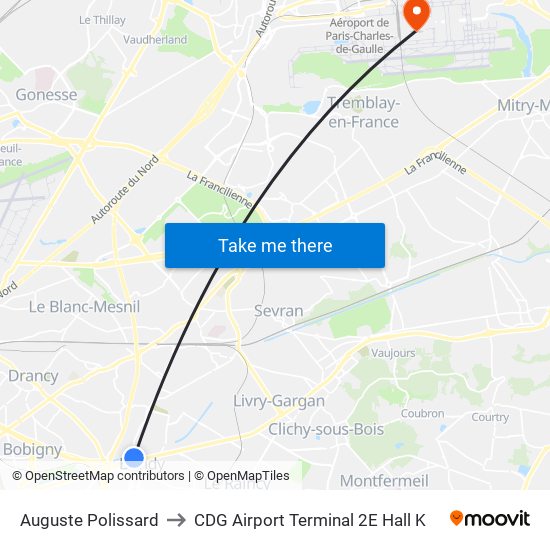 Auguste Polissard to CDG Airport Terminal 2E Hall K map