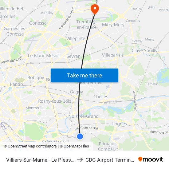 Villiers-Sur-Marne - Le Plessis-Trévise RER to CDG Airport Terminal 2E Hall K map