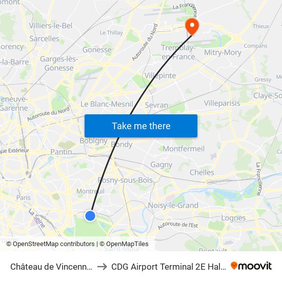 Château de Vincennes to CDG Airport Terminal 2E Hall K map