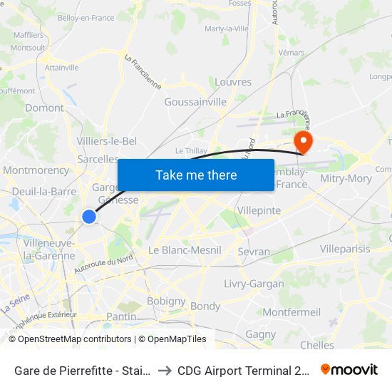 Gare de Pierrefitte - Stains RER to CDG Airport Terminal 2E Hall K map