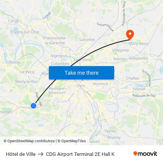 Hôtel de Ville to CDG Airport Terminal 2E Hall K map