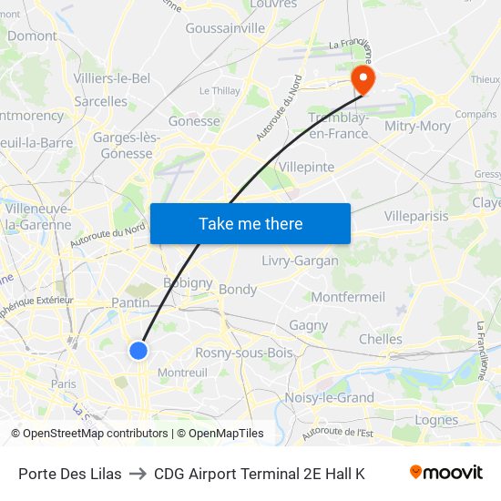 Porte Des Lilas to CDG Airport Terminal 2E Hall K map