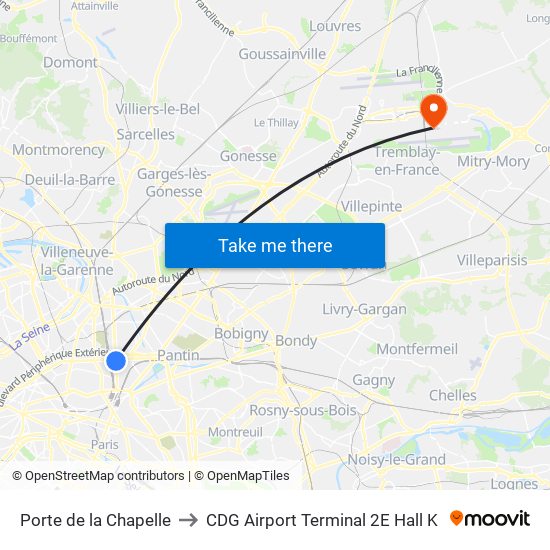 Porte de la Chapelle to CDG Airport Terminal 2E Hall K map