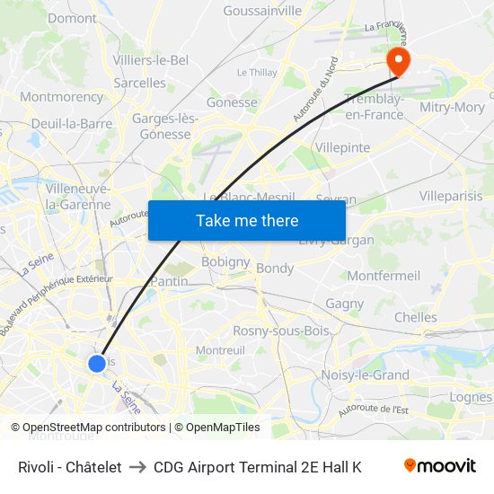 Rivoli - Châtelet to CDG Airport Terminal 2E Hall K map