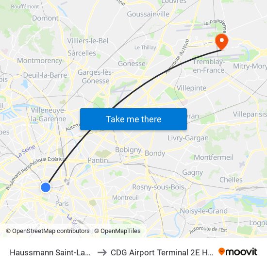 Haussmann Saint-Lazare to CDG Airport Terminal 2E Hall K map