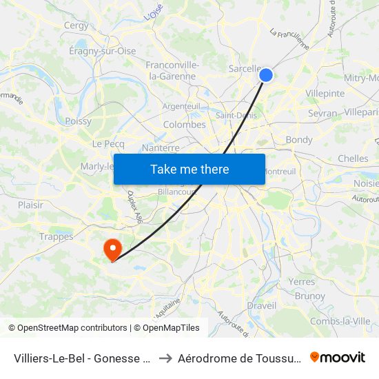 Villiers-Le-Bel - Gonesse - Arnouville to Aérodrome de Toussus-le-Noble map