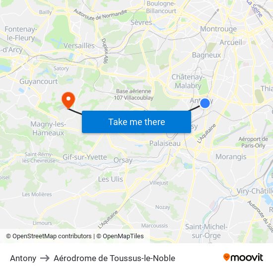 Antony to Aérodrome de Toussus-le-Noble map
