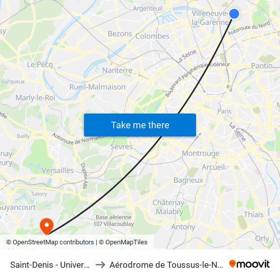 Saint-Denis - Université to Aérodrome de Toussus-le-Noble map