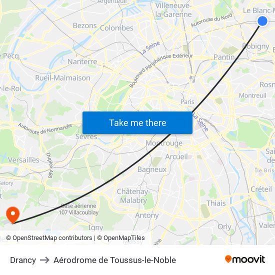 Drancy to Aérodrome de Toussus-le-Noble map