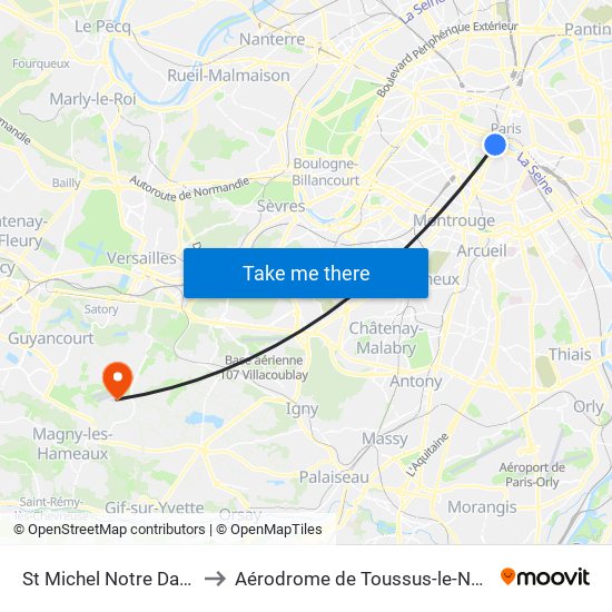 St Michel Notre Dame to Aérodrome de Toussus-le-Noble map