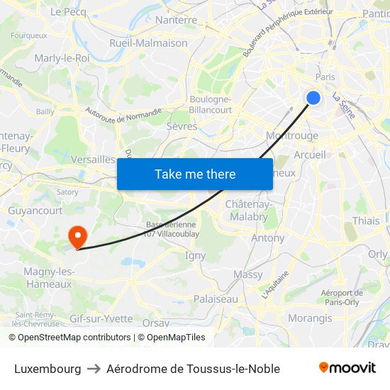 Luxembourg to Aérodrome de Toussus-le-Noble map