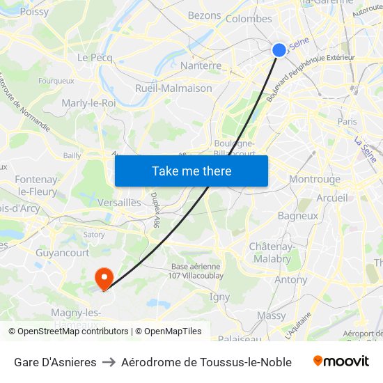 Gare D'Asnieres to Aérodrome de Toussus-le-Noble map