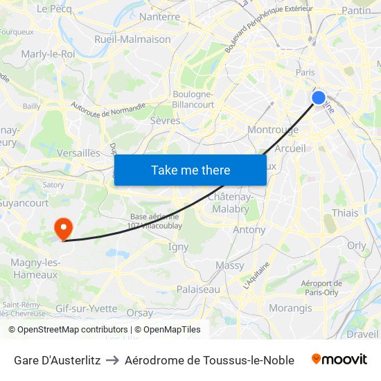 Gare D'Austerlitz to Aérodrome de Toussus-le-Noble map