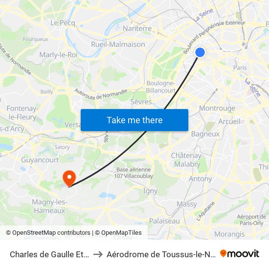 Charles de Gaulle Etoile to Aérodrome de Toussus-le-Noble map