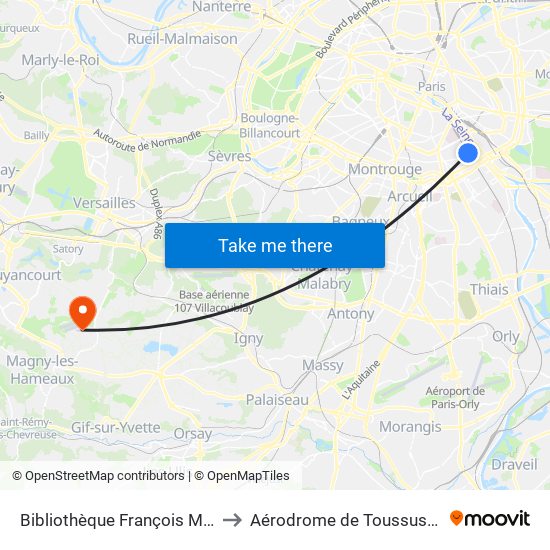 Bibliothèque François Mitterrand to Aérodrome de Toussus-le-Noble map