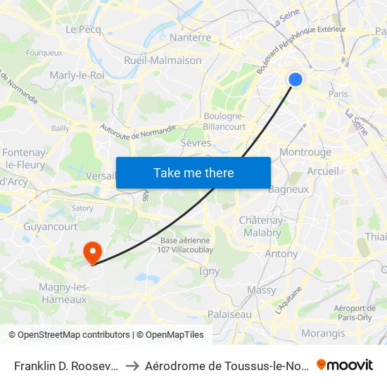 Franklin D. Roosevelt to Aérodrome de Toussus-le-Noble map