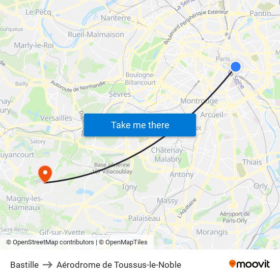 Bastille to Aérodrome de Toussus-le-Noble map