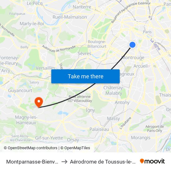 Montparnasse-Bienvenue to Aérodrome de Toussus-le-Noble map