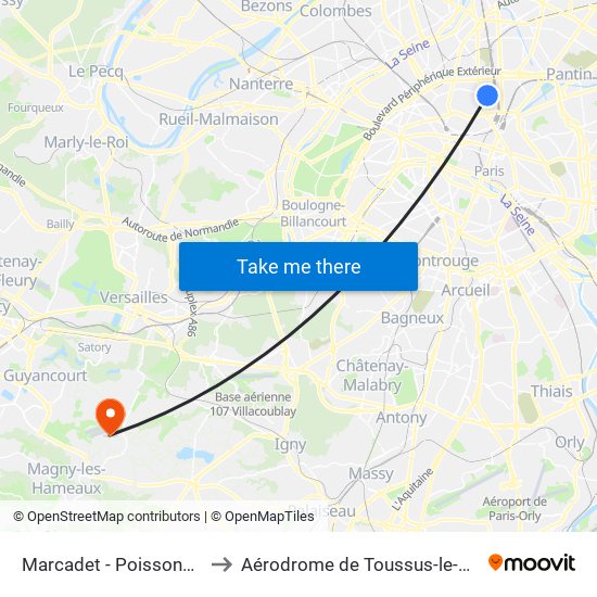 Marcadet - Poissonniers to Aérodrome de Toussus-le-Noble map