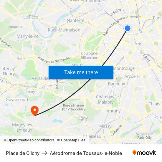 Place de Clichy to Aérodrome de Toussus-le-Noble map