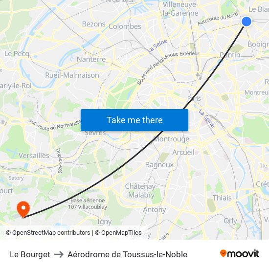 Le Bourget to Aérodrome de Toussus-le-Noble map