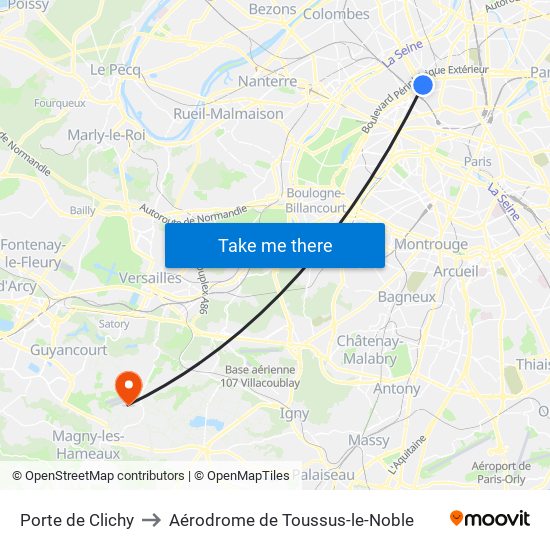 Porte de Clichy to Aérodrome de Toussus-le-Noble map