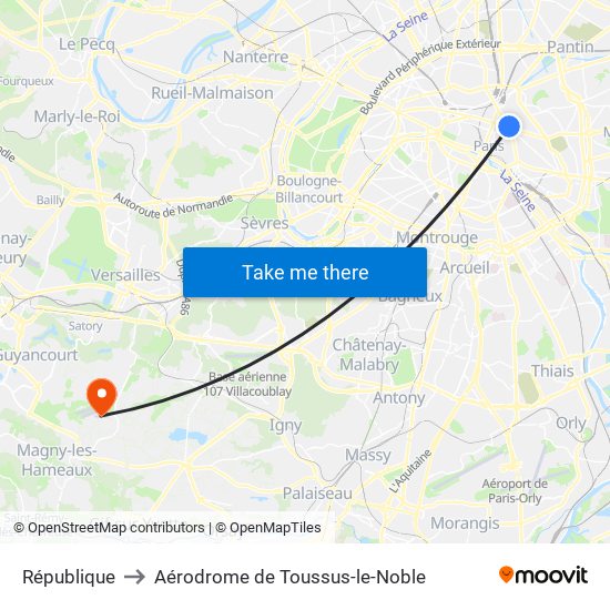 République to Aérodrome de Toussus-le-Noble map