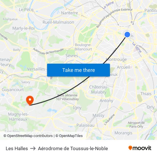 Les Halles to Aérodrome de Toussus-le-Noble map